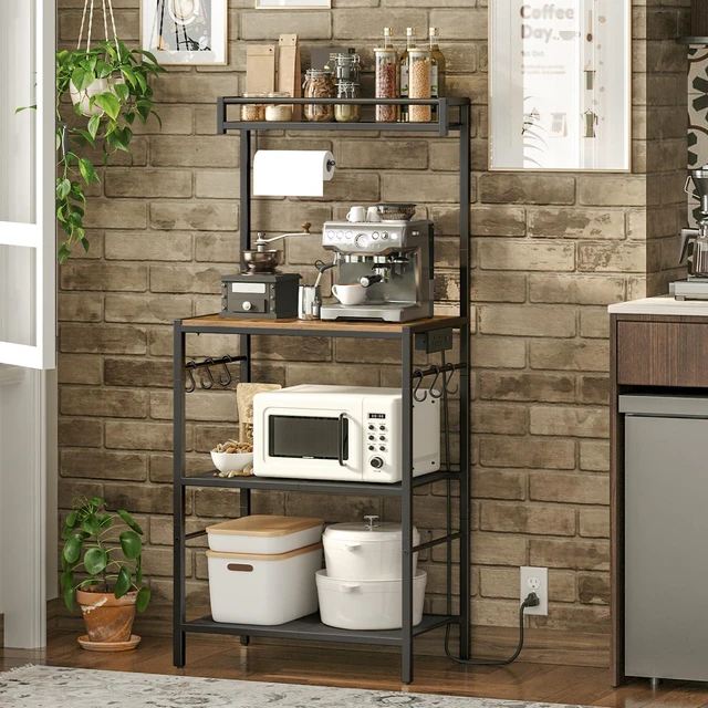 Alt view image 7 of 7 - Bakers Rack with Storage, Microwave Stand with Paper Holder, Bakers Rack with Power Outlet, Coffee Bar Station with 6 Hooks, for Kitchen, Dining Room, Rustic Brown and Black