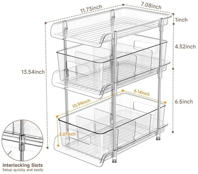 Alt view image 3 of 7 - 2Set 3 Tier Clear Bathroom Organizer with Dividers, Pull-Out Pantry Organization and Storage, Multi-Purpose Under Sink Organizers and Storage, Vanity Skincare Cosmetic Closet Organizer Medicine Bins