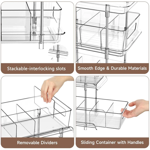 Alt view image 2 of 7 - 2Set 3 Tier Clear Bathroom Organizer with Dividers, Pull-Out Pantry Organization and Storage, Multi-Purpose Under Sink Organizers and Storage, Vanity Skincare Cosmetic Closet Organizer Medicine Bins