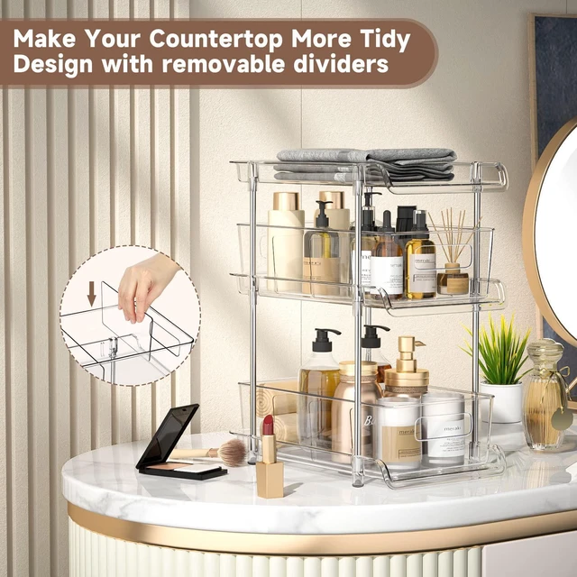 Alt view image 5 of 7 - 2Set 3 Tier Clear Bathroom Organizer with Dividers, Pull-Out Pantry Organization and Storage, Multi-Purpose Under Sink Organizers and Storage, Vanity Skincare Cosmetic Closet Organizer Medicine Bins