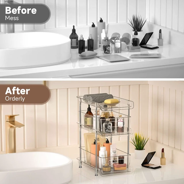 Alt view image 6 of 7 - 2Set 3 Tier Clear Bathroom Organizer with Dividers, Pull-Out Pantry Organization and Storage, Multi-Purpose Under Sink Organizers and Storage, Vanity Skincare Cosmetic Closet Organizer Medicine Bins