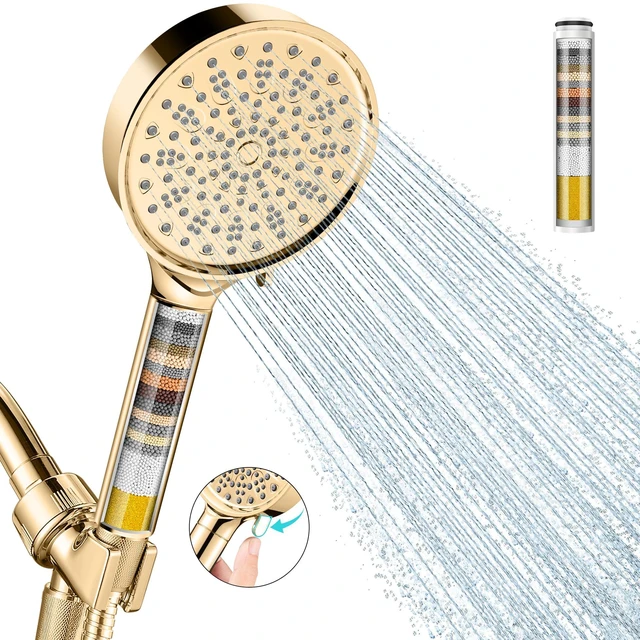 Main image of Filtered Shower Head with Handheld, High Pressure 6 Spray Mode Showerhead with Filters, Water Softener Filters Beads for Hard Water - Remove Chlorine - Reduces Dry Itchy Skin, Egyptian Gold