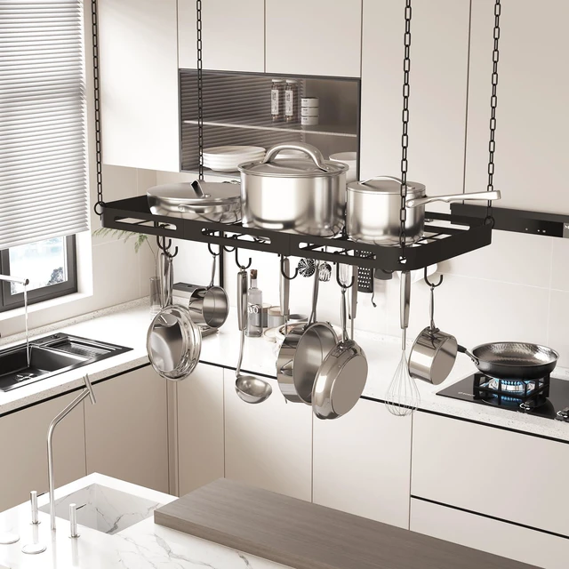 Alt view image 2 of 7 - 33 Pots and Pans Hanging Rack, Black Metal Hanging Pot Rack Ceiling Mount | Heavy-duty Metal Square Kitchen Ceiling Pot Rack with 15 Hooks, Pot and Pan Hanger for Kitchen Cookware Utensils