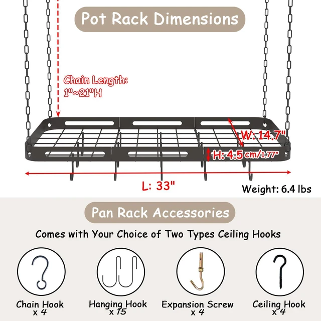 Alt view image 3 of 7 - 33 Pots and Pans Hanging Rack, Black Metal Hanging Pot Rack Ceiling Mount | Heavy-duty Metal Square Kitchen Ceiling Pot Rack with 15 Hooks, Pot and Pan Hanger for Kitchen Cookware Utensils