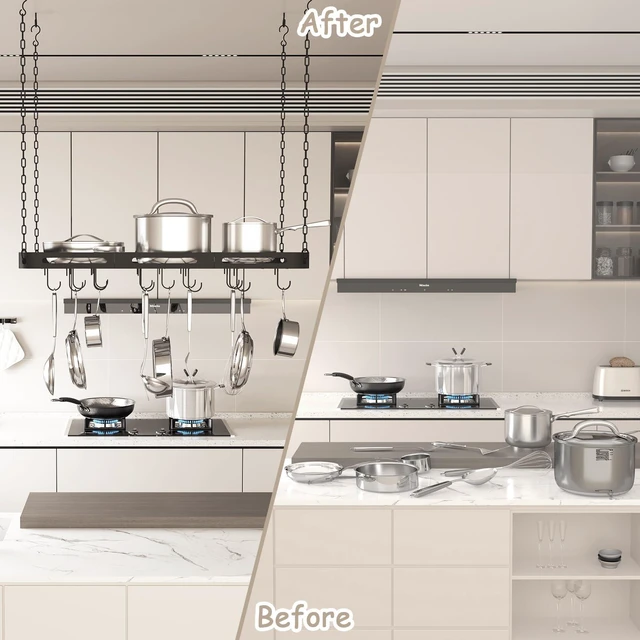 Alt view image 4 of 7 - 33 Pots and Pans Hanging Rack, Black Metal Hanging Pot Rack Ceiling Mount | Heavy-duty Metal Square Kitchen Ceiling Pot Rack with 15 Hooks, Pot and Pan Hanger for Kitchen Cookware Utensils