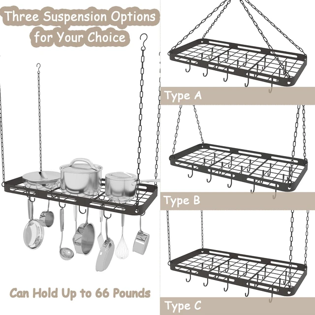 Alt view image 5 of 7 - 33 Pots and Pans Hanging Rack, Black Metal Hanging Pot Rack Ceiling Mount | Heavy-duty Metal Square Kitchen Ceiling Pot Rack with 15 Hooks, Pot and Pan Hanger for Kitchen Cookware Utensils