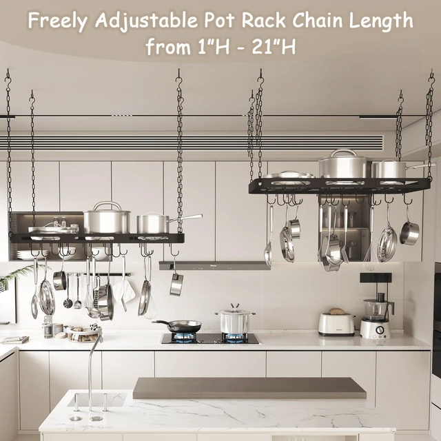 Alt view image 6 of 7 - 33 Pots and Pans Hanging Rack, Black Metal Hanging Pot Rack Ceiling Mount | Heavy-duty Metal Square Kitchen Ceiling Pot Rack with 15 Hooks, Pot and Pan Hanger for Kitchen Cookware Utensils