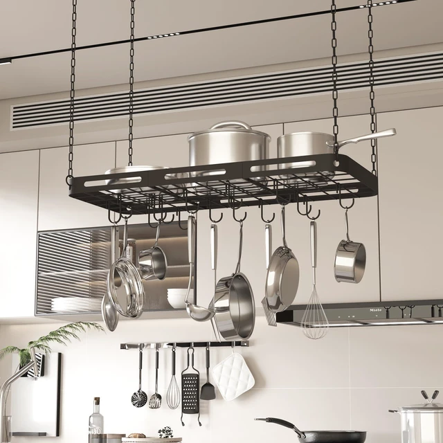 Alt view image 7 of 7 - 33 Pots and Pans Hanging Rack, Black Metal Hanging Pot Rack Ceiling Mount | Heavy-duty Metal Square Kitchen Ceiling Pot Rack with 15 Hooks, Pot and Pan Hanger for Kitchen Cookware Utensils