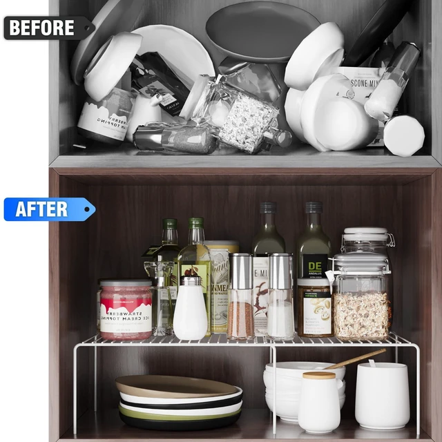 Alt view image 4 of 6 - 4Pack Expandable Storage Shelf, 13.5"~23" L x 9.4" W x 5.5" H, White | Adjustable Rustproof Metal Wire Spice Rack, Space Saver Kitchen Storage Shelves for Pan, Pot, Countertop, Drawer, Fridge