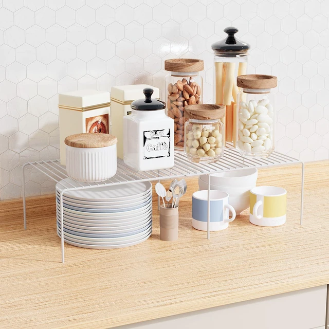 Alt view image 3 of 6 - 4Pack Expandable Storage Shelf, 13.5"~23" L x 9.4" W x 5.5" H, White | Adjustable Rustproof Metal Wire Spice Rack, Space Saver Kitchen Storage Shelves for Pan, Pot, Countertop, Drawer, Fridge
