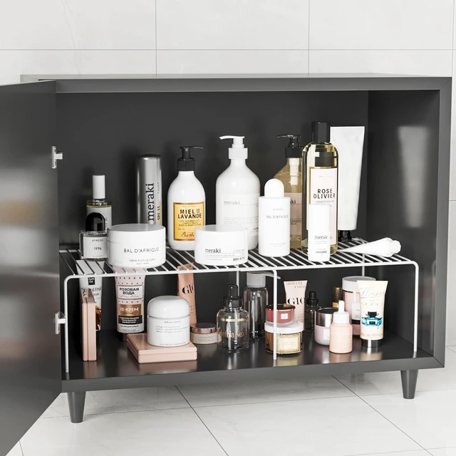 Alt view image 5 of 6 - 4Pack Expandable Storage Shelf, 13.5"~23" L x 9.4" W x 5.5" H, White | Adjustable Rustproof Metal Wire Spice Rack, Space Saver Kitchen Storage Shelves for Pan, Pot, Countertop, Drawer, Fridge
