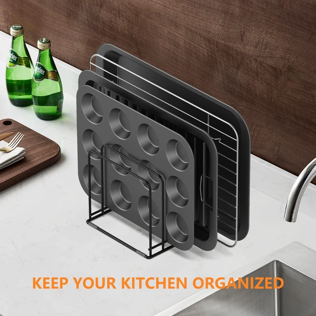 Alt view image 6 of 7 - Kitchen Cabinet Organizer, Steel Cookware Holder, Divided Holder with 5 Slots for Skillets Baking Tray and Chopping Board Rack - Baking Pan Holder Storage (2 PCS)
