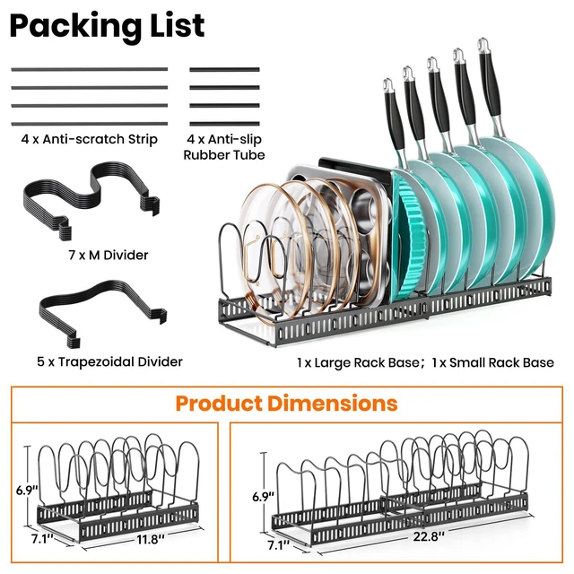Alt view image 7 of 7 - Expandable Pot Pan Lid Organizers inside Cabinet, 12 Divider-Black | Expandable 11.822.9", 12 Adjustable Divider, Tool-Free Assembly, Non-Slip, Scratch-Proof, For Pan Lid Cutting Board Bakeware