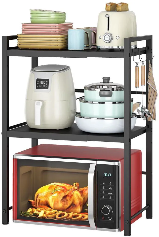 Main image of Microwave Oven Rack, Expandable Microwave Stand Countertop Kitchen Utensils Tableware Storage, Carbon Steel Over Microwave Shelf Countertop with 3 Hooks