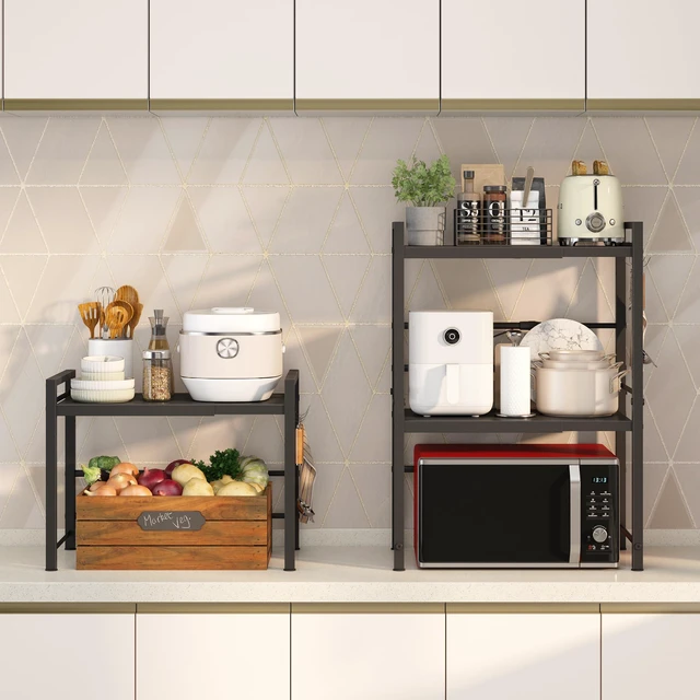Alt view image 3 of 7 - Microwave Oven Rack, Expandable Microwave Stand Countertop Kitchen Utensils Tableware Storage, Carbon Steel Over Microwave Shelf Countertop with 3 Hooks
