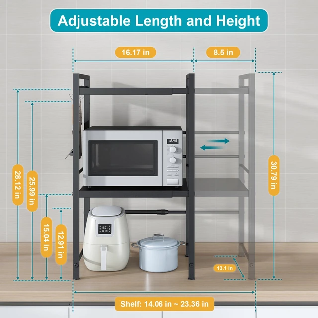 Alt view image 2 of 7 - Microwave Oven Rack, Expandable Microwave Stand Countertop Kitchen Utensils Tableware Storage, Carbon Steel Over Microwave Shelf Countertop with 3 Hooks