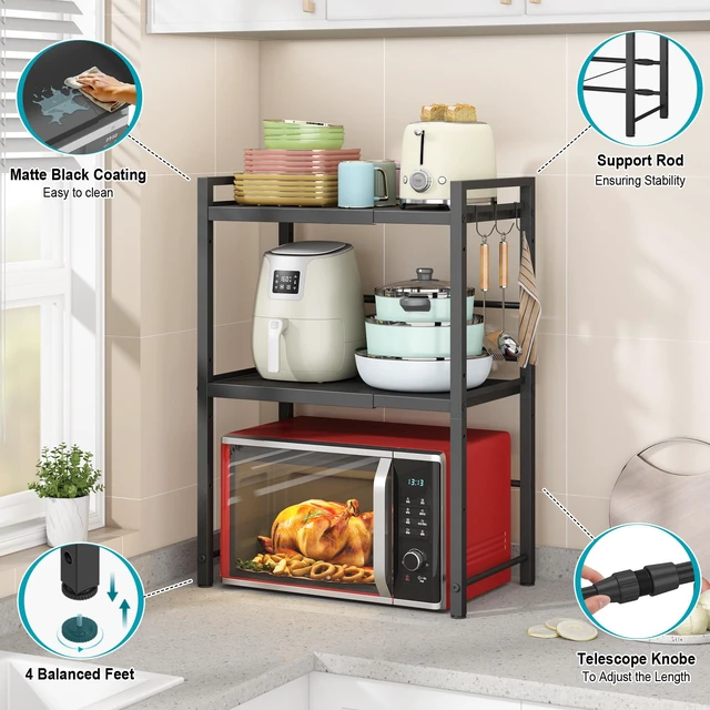 Alt view image 4 of 7 - Microwave Oven Rack, Expandable Microwave Stand Countertop Kitchen Utensils Tableware Storage, Carbon Steel Over Microwave Shelf Countertop with 3 Hooks