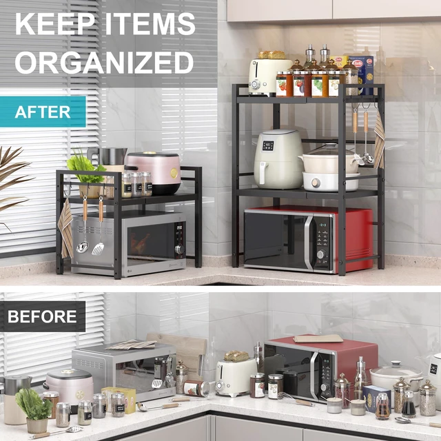 Alt view image 5 of 7 - Microwave Oven Rack, Expandable Microwave Stand Countertop Kitchen Utensils Tableware Storage, Carbon Steel Over Microwave Shelf Countertop with 3 Hooks