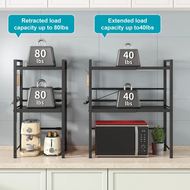 Alt view image 6 of 7 - Microwave Oven Rack, Expandable Microwave Stand Countertop Kitchen Utensils Tableware Storage, Carbon Steel Over Microwave Shelf Countertop with 3 Hooks