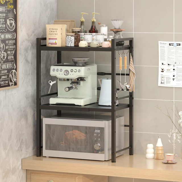 Alt view image 7 of 7 - Microwave Oven Rack, Expandable Microwave Stand Countertop Kitchen Utensils Tableware Storage, Carbon Steel Over Microwave Shelf Countertop with 3 Hooks