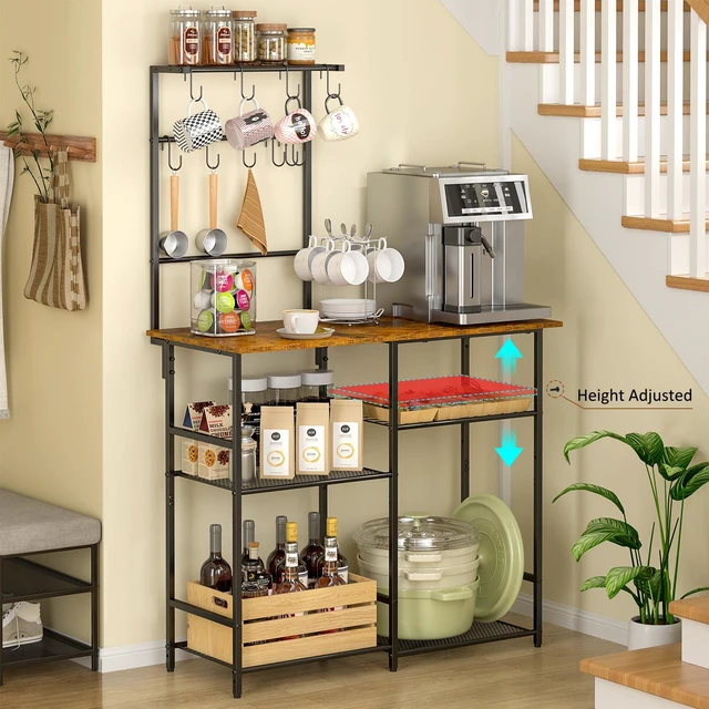 Alt view image 5 of 7 - Baker's Rack for Kitchen with Storage, Microwave Stand with Adjustable Shelves and 10 S Hooks, 6-Tier Coffee Bar Station, Kitchen Shelves for Spices, Pots, Rustic Brown