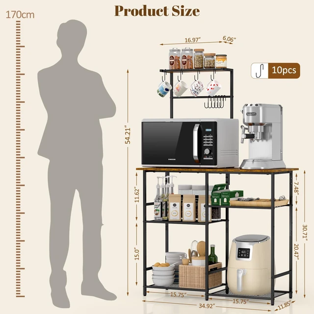 Alt view image 6 of 7 - Baker's Rack for Kitchen with Storage, Microwave Stand with Adjustable Shelves and 10 S Hooks, 6-Tier Coffee Bar Station, Kitchen Shelves for Spices, Pots, Rustic Brown