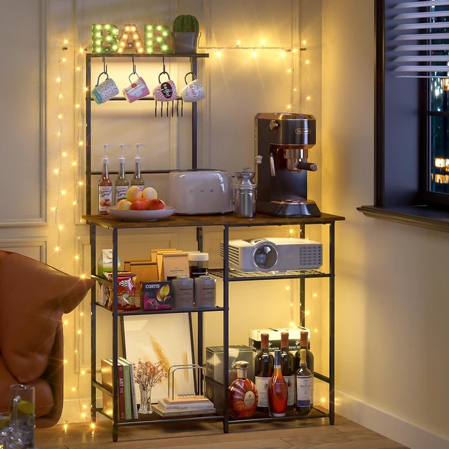 Alt view image 7 of 7 - Baker's Rack for Kitchen with Storage, Microwave Stand with Adjustable Shelves and 10 S Hooks, 6-Tier Coffee Bar Station, Kitchen Shelves for Spices, Pots, Rustic Brown
