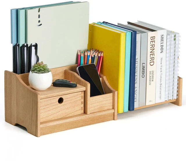 Main image of Wood Desktop Bookshelf with Drawer, Expandable Desk Shelf, Natural | Solid Wood Shelf Adjusts 12.24-22.7 In Wide; Drawer Holds Supplies, Open Sections Hold Books and Files; Fully Assembled