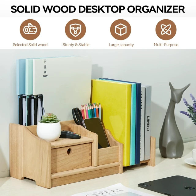 Alt view image 2 of 7 - Wood Desktop Bookshelf with Drawer, Expandable Desk Shelf, Natural | Solid Wood Shelf Adjusts 12.24-22.7 In Wide; Drawer Holds Supplies, Open Sections Hold Books and Files; Fully Assembled