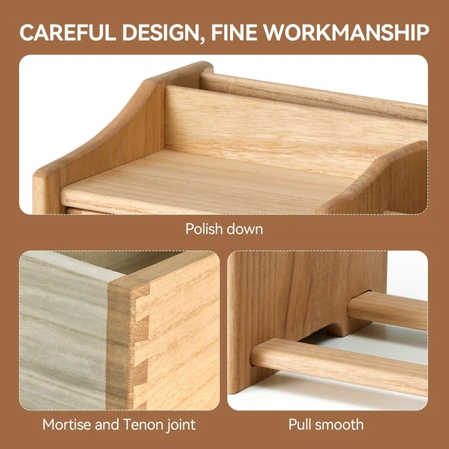 Alt view image 3 of 7 - Wood Desktop Bookshelf with Drawer, Expandable Desk Shelf, Natural | Solid Wood Shelf Adjusts 12.24-22.7 In Wide; Drawer Holds Supplies, Open Sections Hold Books and Files; Fully Assembled