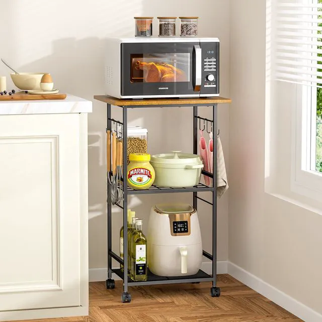 Main image of Rolling Kitchen Microwave Cart, 3 Tier Microwave Table Stand with Adjustable Shelf, Kitchen Storage Rack on Wheels, Coffee Station Cart Rack Shelf Organizer for Living Room Office, Balcony