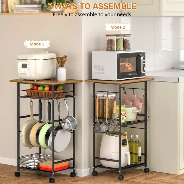 Alt view image 2 of 7 - Rolling Kitchen Microwave Cart, 3 Tier Microwave Table Stand with Adjustable Shelf, Kitchen Storage Rack on Wheels, Coffee Station Cart Rack Shelf Organizer for Living Room Office, Balcony