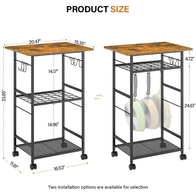Alt view image 3 of 7 - Rolling Kitchen Microwave Cart, 3 Tier Microwave Table Stand with Adjustable Shelf, Kitchen Storage Rack on Wheels, Coffee Station Cart Rack Shelf Organizer for Living Room Office, Balcony