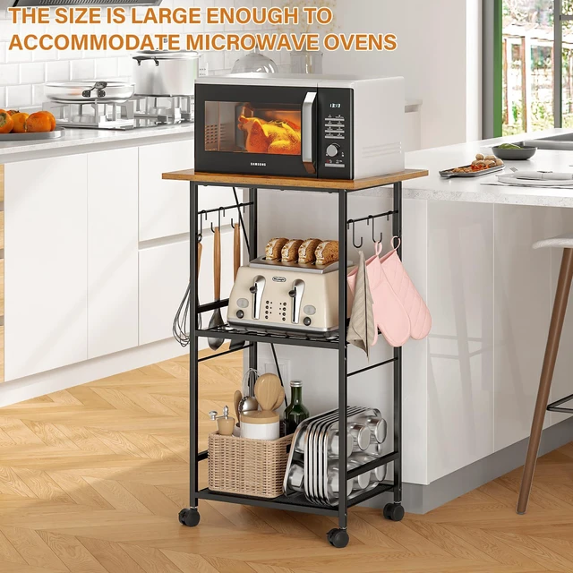 Alt view image 5 of 7 - Rolling Kitchen Microwave Cart, 3 Tier Microwave Table Stand with Adjustable Shelf, Kitchen Storage Rack on Wheels, Coffee Station Cart Rack Shelf Organizer for Living Room Office, Balcony