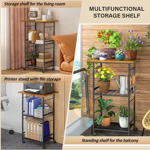 Alt view image 6 of 7 - Rolling Kitchen Microwave Cart, 3 Tier Microwave Table Stand with Adjustable Shelf, Kitchen Storage Rack on Wheels, Coffee Station Cart Rack Shelf Organizer for Living Room Office, Balcony