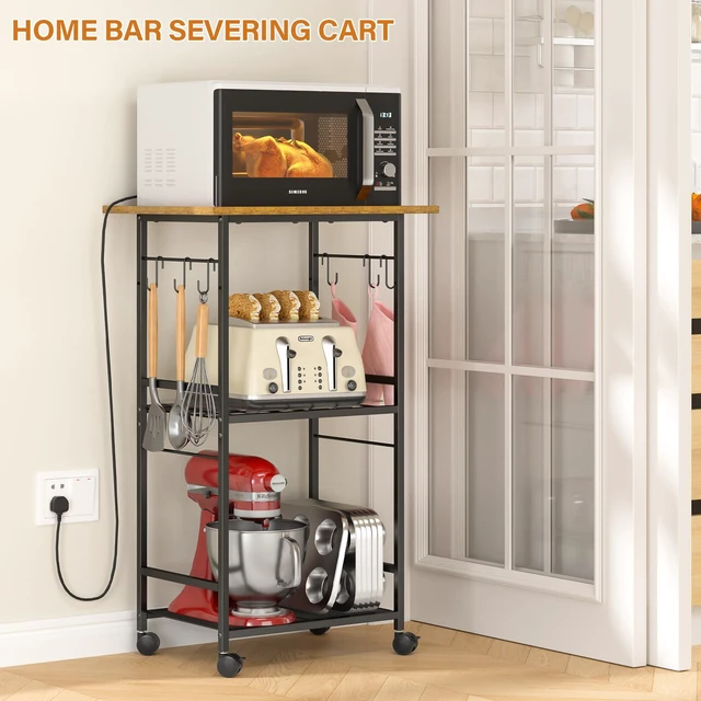 Alt view image 7 of 7 - Rolling Kitchen Microwave Cart, 3 Tier Microwave Table Stand with Adjustable Shelf, Kitchen Storage Rack on Wheels, Coffee Station Cart Rack Shelf Organizer for Living Room Office, Balcony