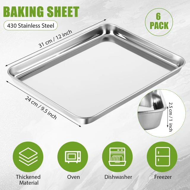 Alt view image 2 of 6 - 6 Pcs Baking Sheet Set Stainless Steel Cookie Sheet Cookie Baking Pan Bakeware Oven Tray Dishwasher Safe Commercial Grade Pans(12x9.5x1 Inch)