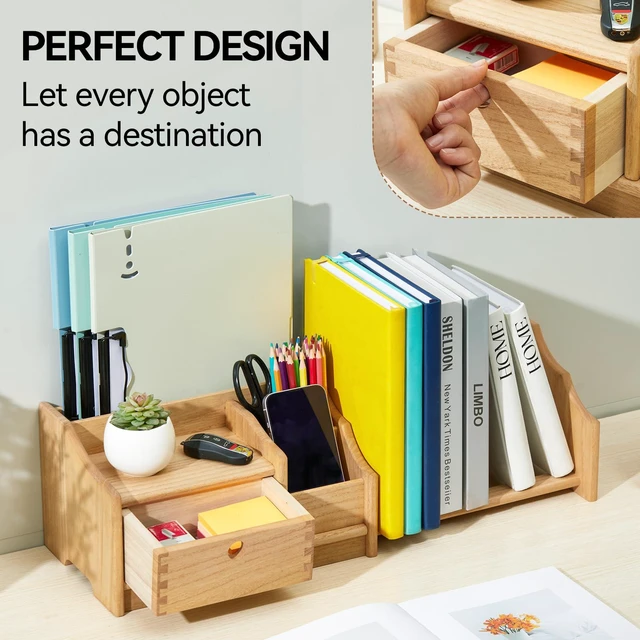 Alt view image 4 of 7 - Wood Desktop Bookshelf with Drawer, Expandable Desk Shelf, Natural | Solid Wood Shelf Adjusts 12.24-22.7 In Wide; Drawer Holds Supplies, Open Sections Hold Books and Files; Fully Assembled