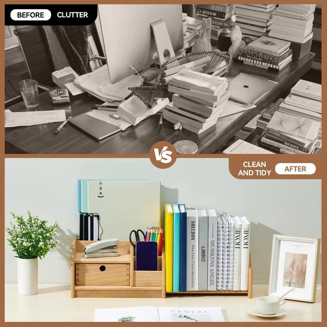 Alt view image 5 of 7 - Wood Desktop Bookshelf with Drawer, Expandable Desk Shelf, Natural | Solid Wood Shelf Adjusts 12.24-22.7 In Wide; Drawer Holds Supplies, Open Sections Hold Books and Files; Fully Assembled