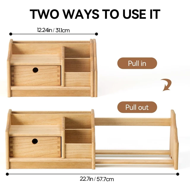 Alt view image 6 of 7 - Wood Desktop Bookshelf with Drawer, Expandable Desk Shelf, Natural | Solid Wood Shelf Adjusts 12.24-22.7 In Wide; Drawer Holds Supplies, Open Sections Hold Books and Files; Fully Assembled