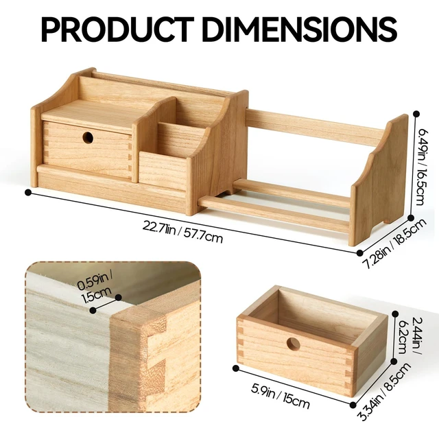 Alt view image 7 of 7 - Wood Desktop Bookshelf with Drawer, Expandable Desk Shelf, Natural | Solid Wood Shelf Adjusts 12.24-22.7 In Wide; Drawer Holds Supplies, Open Sections Hold Books and Files; Fully Assembled