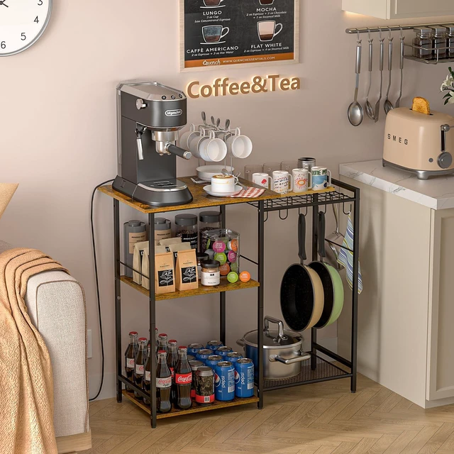 Alt view image 2 of 7 - Kitchen Stand with Pots Rack, Utility Microwave Oven Stand with Storage, 5 Tiers Coffee Bar Table, Small Kitchen Bakers Rack with 6 S Hooks, Kitchen Storage Shelf Rack for Spices, Pots, Rustic Brown