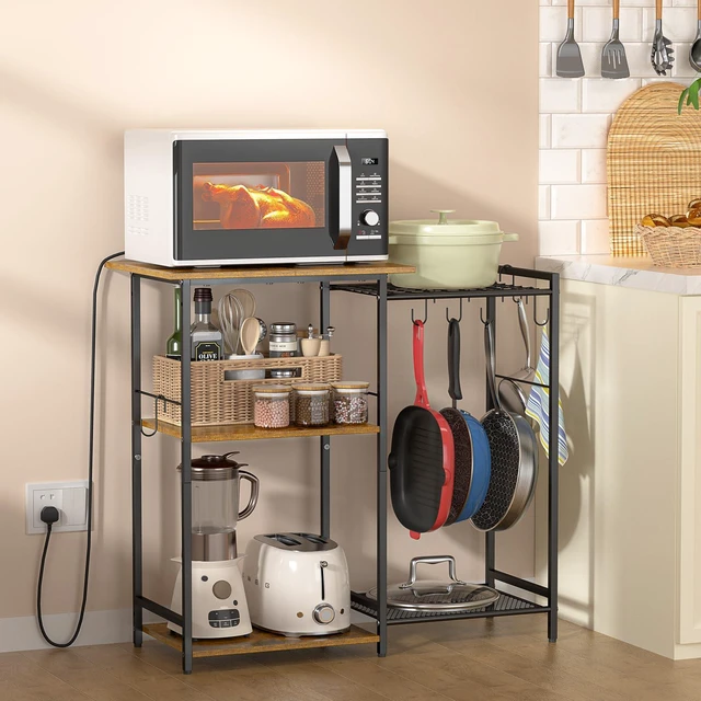 Alt view image 3 of 7 - Kitchen Stand with Pots Rack, Utility Microwave Oven Stand with Storage, 5 Tiers Coffee Bar Table, Small Kitchen Bakers Rack with 6 S Hooks, Kitchen Storage Shelf Rack for Spices, Pots, Rustic Brown