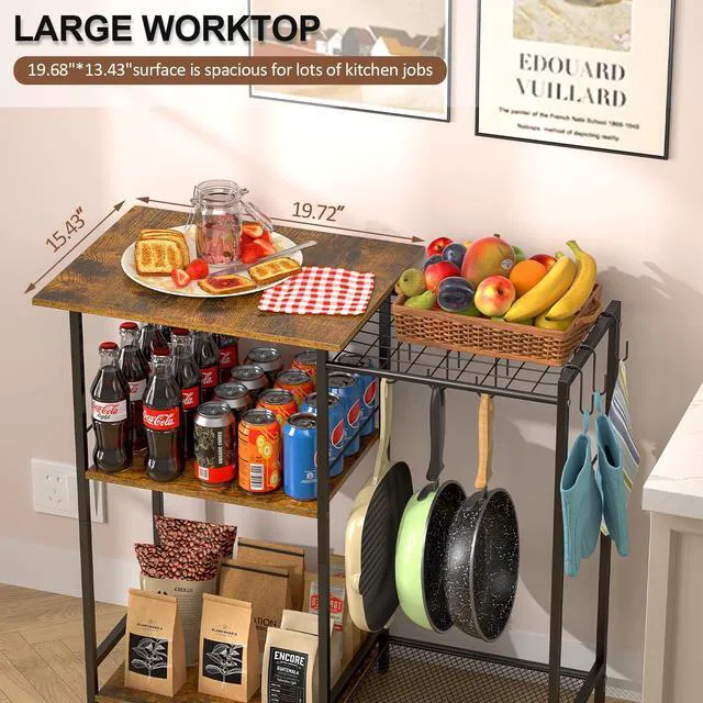 Alt view image 4 of 7 - Kitchen Stand with Pots Rack, Utility Microwave Oven Stand with Storage, 5 Tiers Coffee Bar Table, Small Kitchen Bakers Rack with 6 S Hooks, Kitchen Storage Shelf Rack for Spices, Pots, Rustic Brown