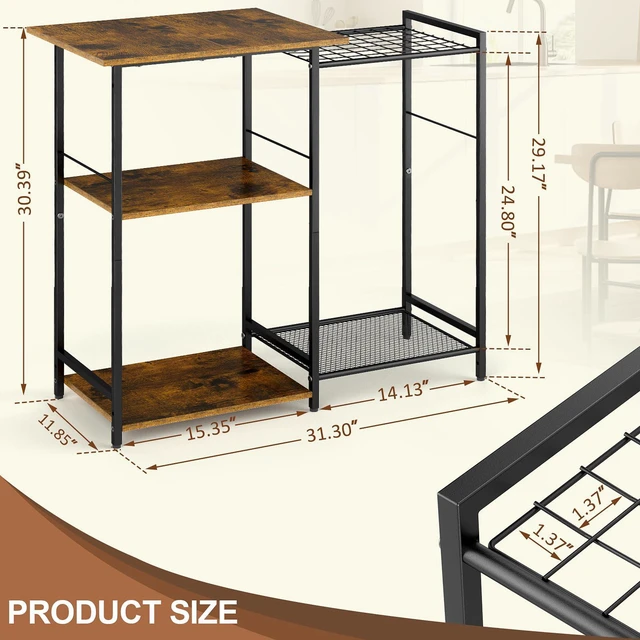 Alt view image 6 of 7 - Kitchen Stand with Pots Rack, Utility Microwave Oven Stand with Storage, 5 Tiers Coffee Bar Table, Small Kitchen Bakers Rack with 6 S Hooks, Kitchen Storage Shelf Rack for Spices, Pots, Rustic Brown