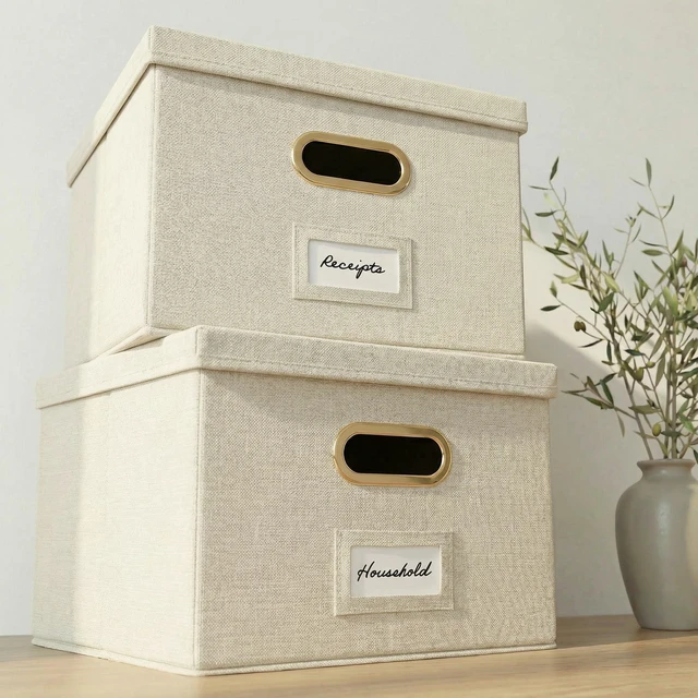Main image of Decorative File Organizer Box Set of 2 - Collapsible Linen Filing Cabinets | Stores Documents and Hanging File Folders - Portable Office Crates with Lid and Handles for Easy Slide Access