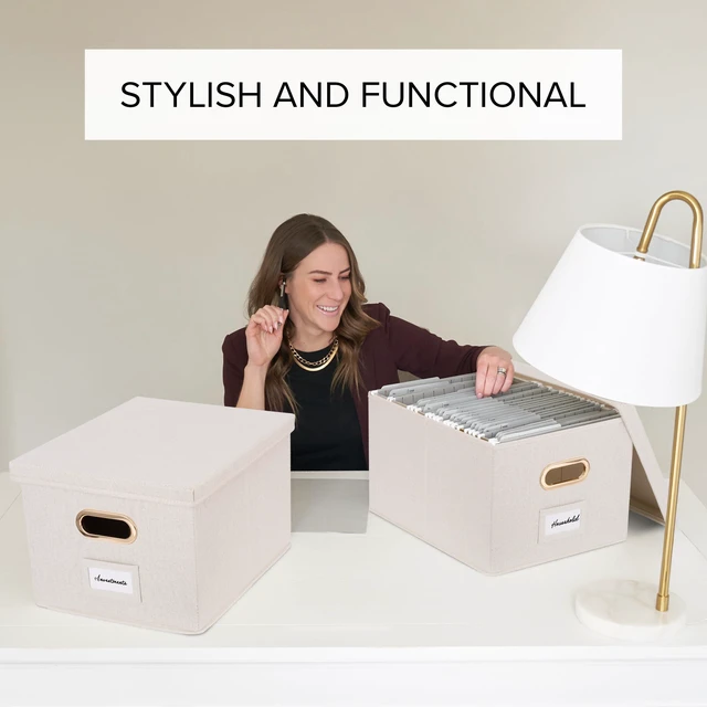 Alt view image 2 of 7 - Decorative File Organizer Box Set of 2 - Collapsible Linen Filing Cabinets | Stores Documents and Hanging File Folders - Portable Office Crates with Lid and Handles for Easy Slide Access