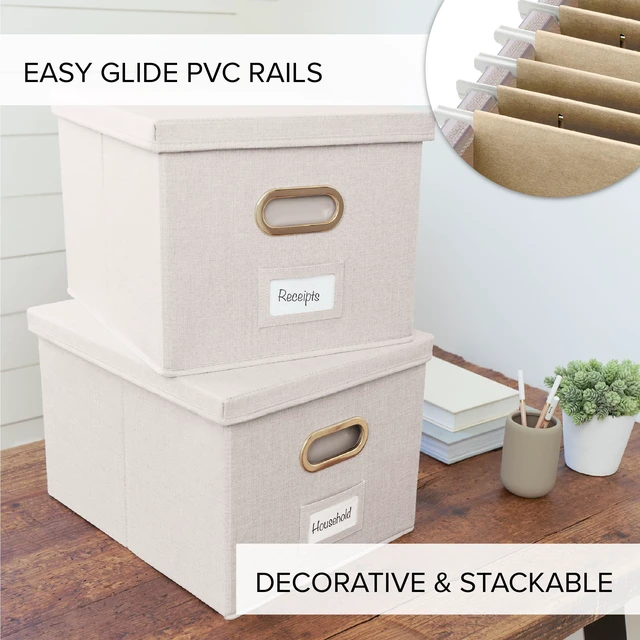 Alt view image 4 of 7 - Decorative File Organizer Box Set of 2 - Collapsible Linen Filing Cabinets | Stores Documents and Hanging File Folders - Portable Office Crates with Lid and Handles for Easy Slide Access