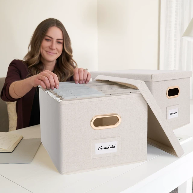 Alt view image 6 of 7 - Decorative File Organizer Box Set of 2 - Collapsible Linen Filing Cabinets | Stores Documents and Hanging File Folders - Portable Office Crates with Lid and Handles for Easy Slide Access