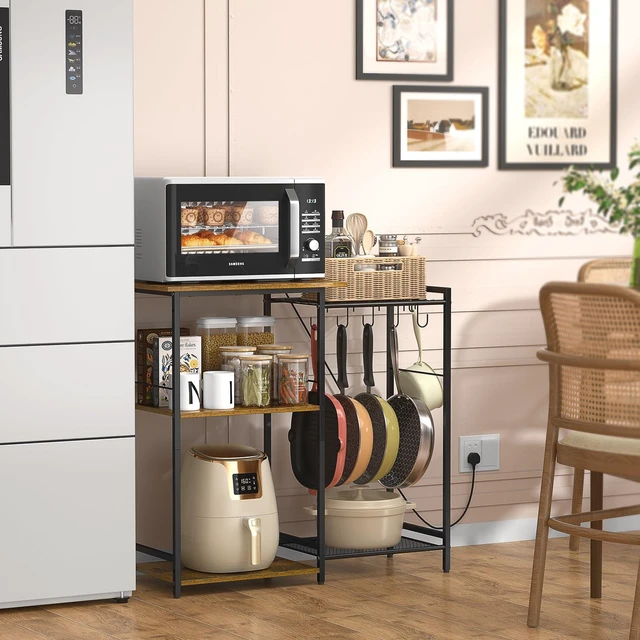 Alt view image 7 of 7 - Kitchen Stand with Pots Rack, Utility Microwave Oven Stand with Storage, 5 Tiers Coffee Bar Table, Small Kitchen Bakers Rack with 6 S Hooks, Kitchen Storage Shelf Rack for Spices, Pots, Rustic Brown